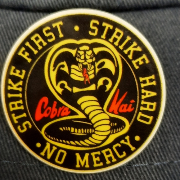 Cobra Kai 80s Aesthetic Pin NEW "Strike First Strike Hard No Mercy" - Picture 2 of 4